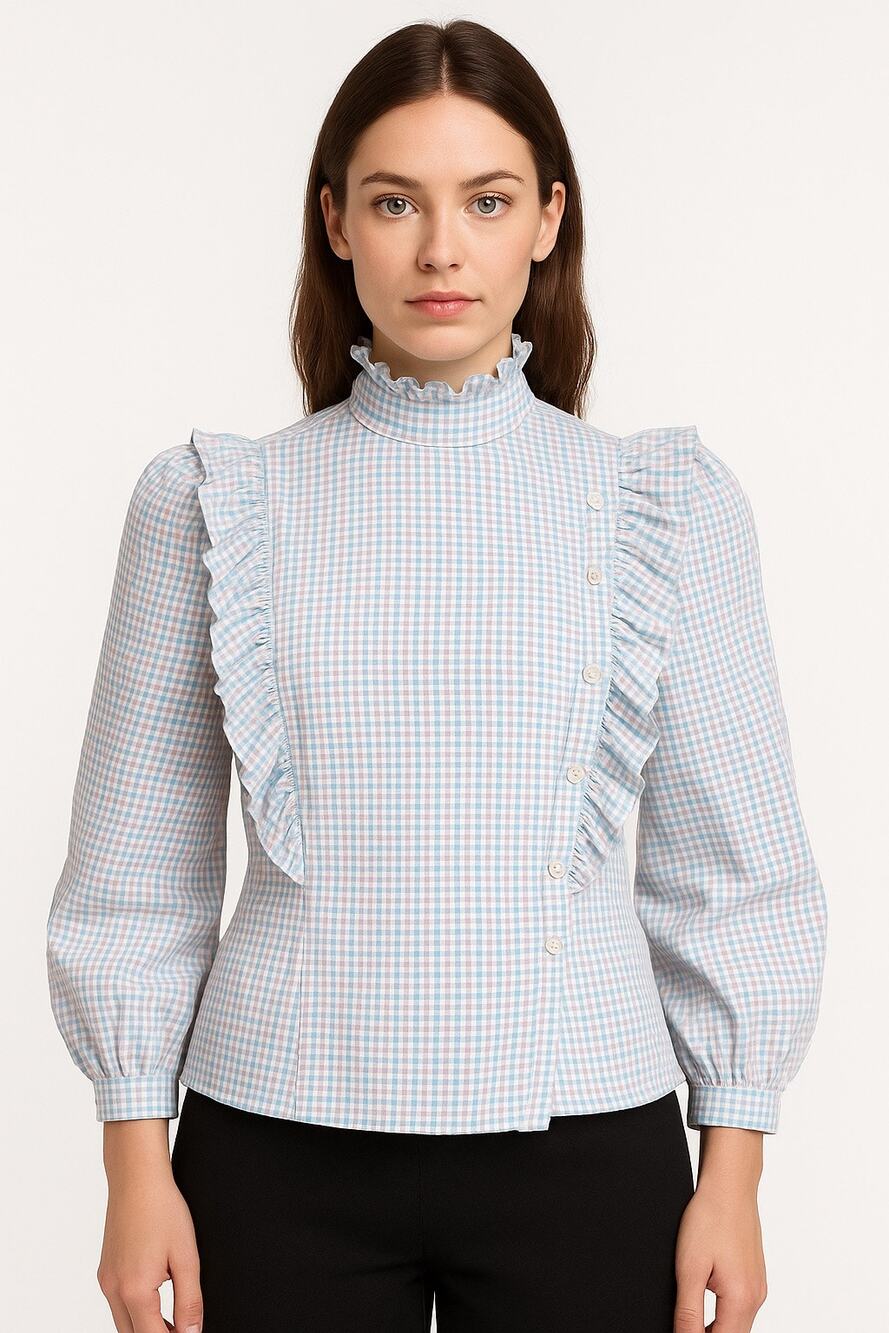 Vintage 1980s Stuart Lang Ruffle blue white Plaid High Neck Prairie Blouse small